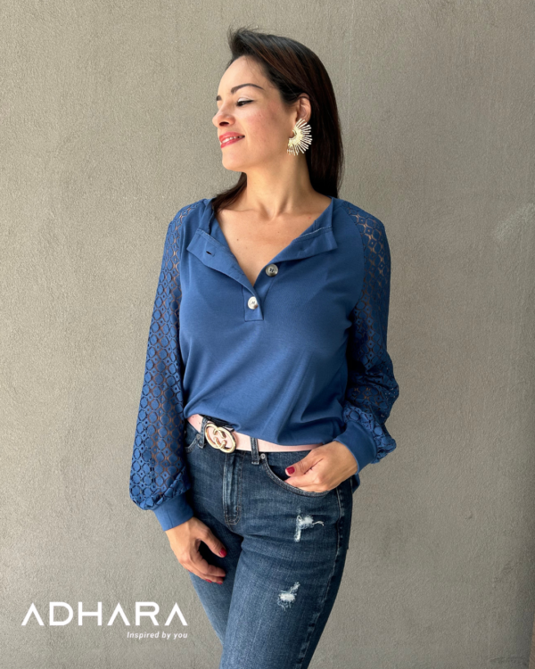 Blusa Azul Manga Labrada JH2208