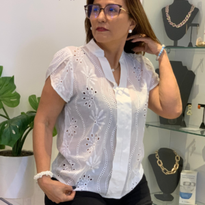 Blusa Blanca y Naranja Manga Abullonada 2877