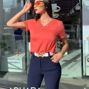 Blusa Cuello V Blanco y Naranja 2957