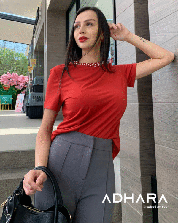 Blusa Blanca, Negro y Terracota Cuello Perla 2944